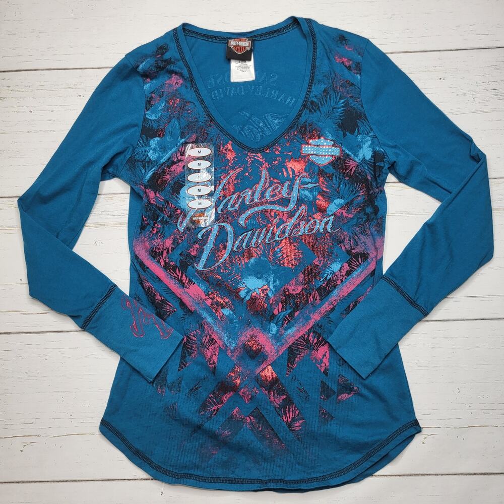 Harley Davidson Rhinestone Long Sleeve Tee San Jose California Blue Medium